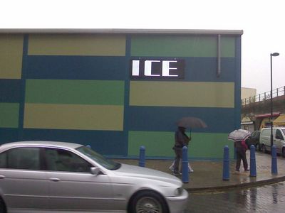 Scrolling Signs Say "Welcome to Brixton Ice Rink"
