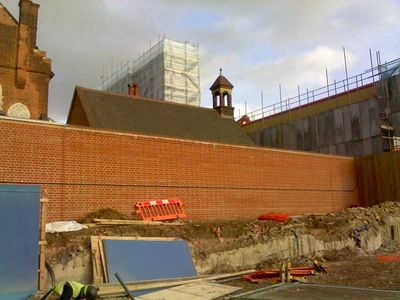 Bus Garage Demolition from Behind Church
