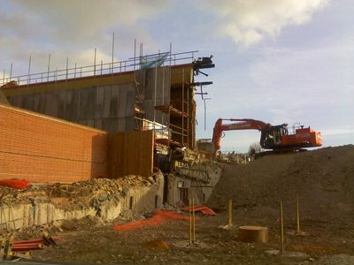 Bus Garage Demolition from Behind Church
