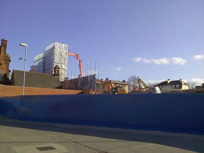 Bus Garage Demolition from behind Church
