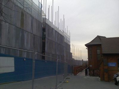 Bus Garage Scaffolding next to Church
