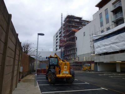 Works/Lift at Back of Flats from Car Park
